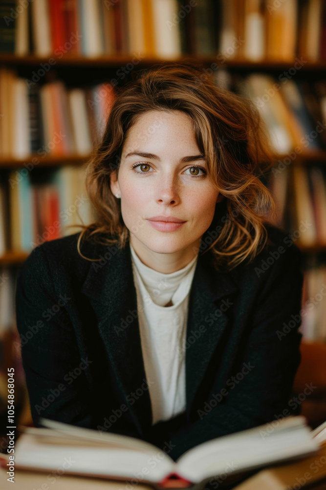A thoughtful woman with wavy hair sits in library, surrounded by books, exuding sense of calm and curiosity. Her expression invites exploration and knowledge A thoughtful woman with wavy hair sits in library, surrounded by books, exuding sense of calm and curiosity. Her expression invites exploration and knowledge
