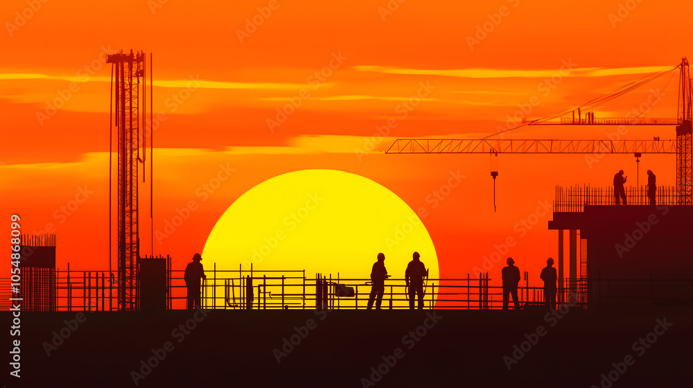 Fototapeta premium Silhouette of engineers and workers on construction site. Construction site with intersection path at sunset in the evening.