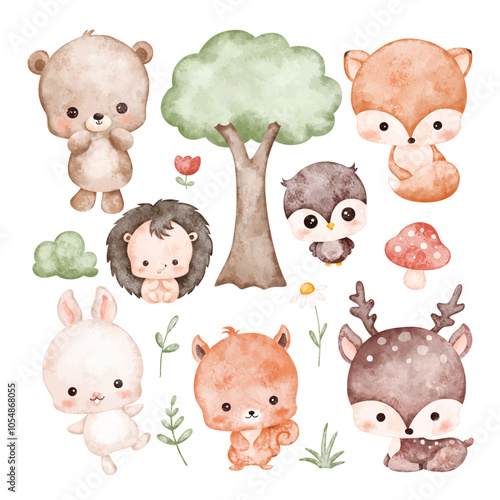Watercolor Illustration Set of Cute Baby Woodland Animals  Characters