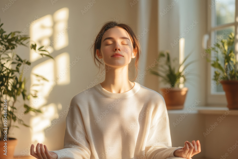 A serene woman practices mindfulness in sunlit room surrounded by plants, embodying tranquility and peace. Her calm expression reflects moment of inner harmony A serene woman practices mindfulness in sunlit room surrounded by plants, embodying tranquility and peace. Her calm expression reflects moment of inner harmony