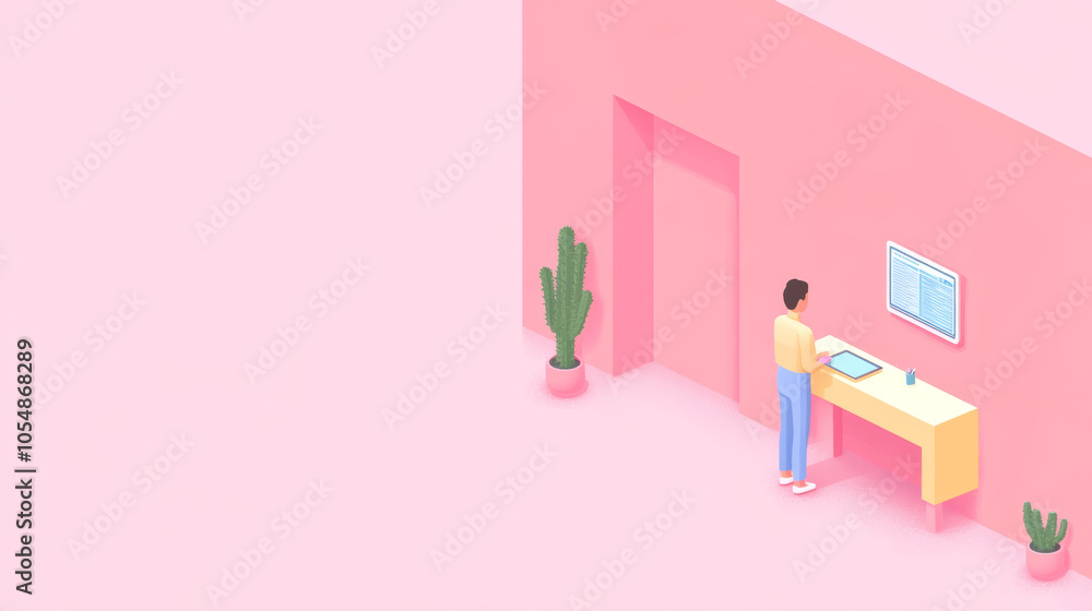 A person is working at desk in minimalist pink office space, surrounded by cacti. scene conveys calm and focused atmosphere, ideal for productivity A person is working at desk in minimalist pink office space, surrounded by cacti. scene conveys calm and focused atmosphere, ideal for productivity
