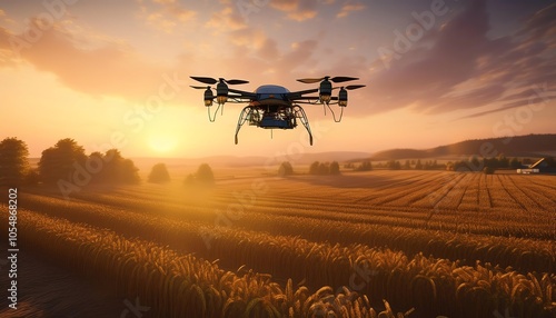 A drone hovers over a golden field at sunset, showcasing agricultural innovation and aerial technology in a serene rural landscape.