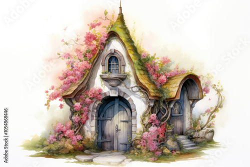 Fairy tale House on a White Background, Watercolor. Fabulous Cozy and Charming Cottage with Flower-Covered Walls, Mossy Roof and Old Wooden Door. Cute Fairytale Elvish or Dwarven Home