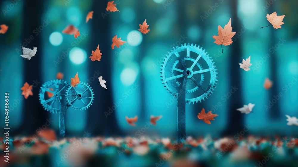 A surreal forest with trees made of clock mechanisms, leaves falling like clock gears, symbolizing the constant flow of time. A surreal forest with trees made of clock mechanisms, leaves falling like clock gears, symbolizing the constant flow of time.