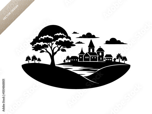 Village life scene landscape silhouette black vector art design 