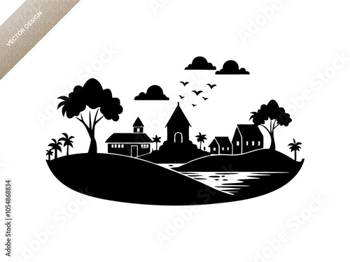 Village life scene landscape silhouette black vector art design 