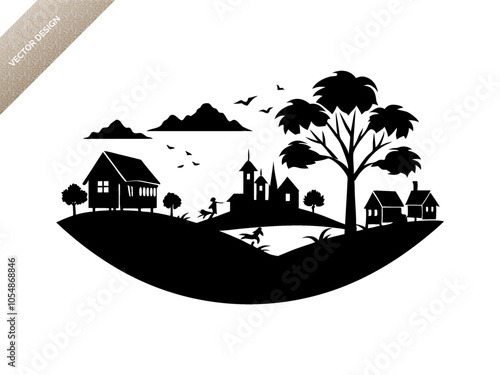 Village life scene landscape silhouette black vector art design 