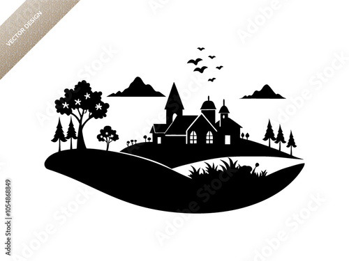 Village life scene landscape silhouette black vector art design 