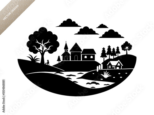 Village life scene landscape silhouette black vector art design 