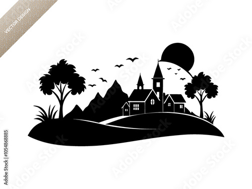 Village life scene landscape silhouette black vector art design 