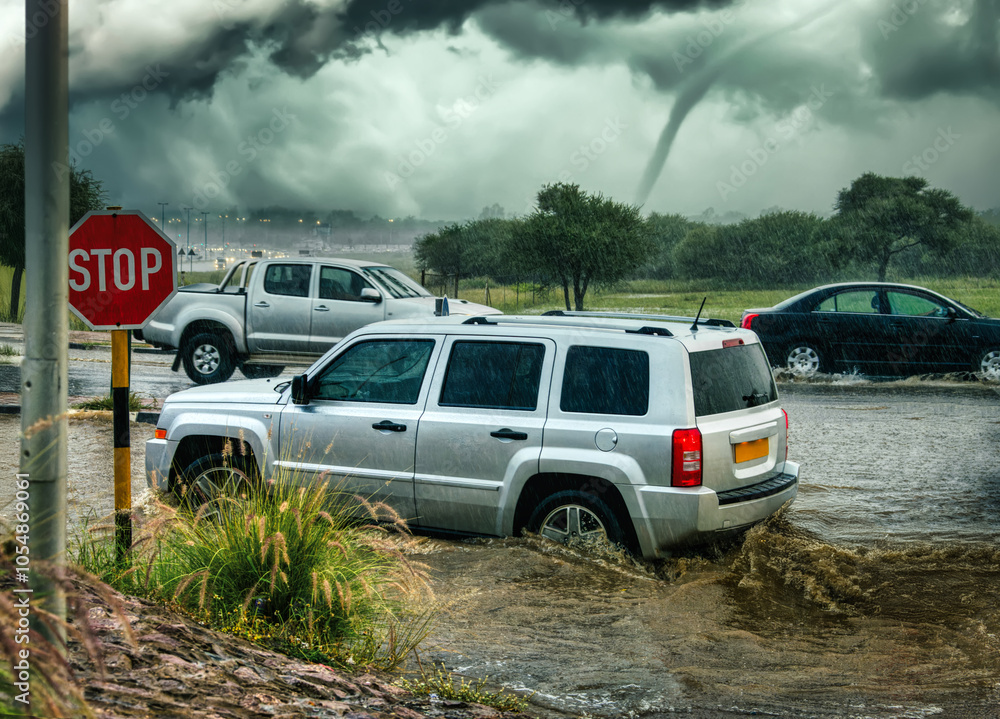 natural disasters global, hurricane with heavy winds and flood on streets, thunderstorm storm damage to car and infrastructure, California bad weather natural disasters global, hurricane with heavy winds and flood on streets, thunderstorm storm damage to car and infrastructure, California bad weather