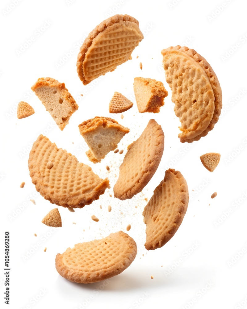 flying broken pieces of biscuit cookies isolated flying broken pieces of biscuit cookies isolated