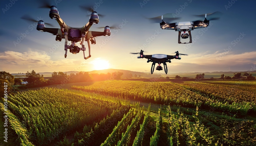 Drones fly over a vineyard at sunset, capturing stunning aerial views of lush fields and vibrant skies, showcasing modern agricultural technology. Drones fly over a vineyard at sunset, capturing stunning aerial views of lush fields and vibrant skies, showcasing modern agricultural technology.