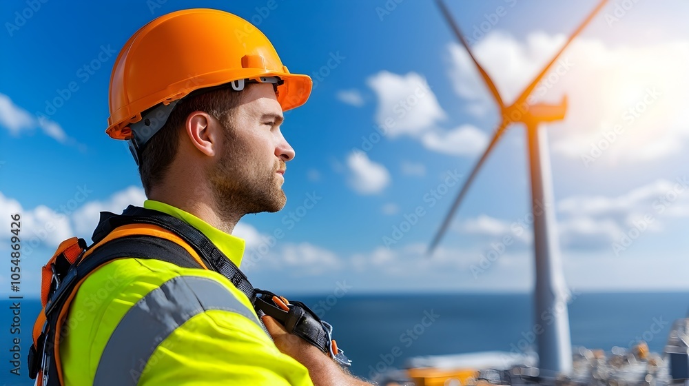 Offshore wind turbine technician wearing high visibility safety workwear and harness climbing up the metal ladder of the turbine with the vast ocean and skyline in the background Offshore wind turbine technician wearing high visibility safety workwear and harness climbing up the metal ladder of the turbine with the vast ocean and skyline in the background
