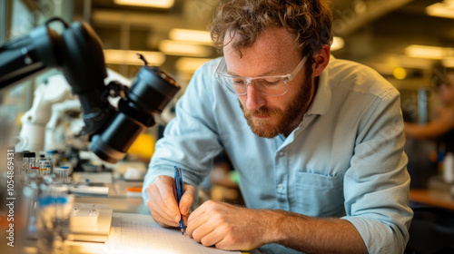 A focused scientist is diligently writing notes in laboratory, surrounded by scientific equipment and glassware, showcasing moment of research and discovery