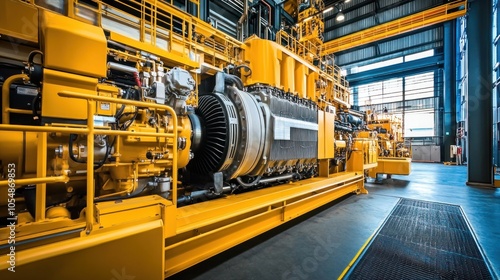 Industrial engine room interior. Industrial power plant main generator with enormous diesel engine. high voltage industrial diesel generator at a power generation plant