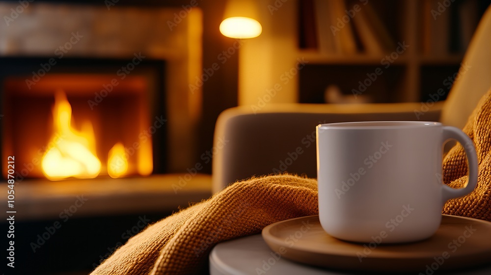 A cozy mug sits on a table with a soft blanket, enjoying the warmth of a fireplace. A cozy mug sits on a table with a soft blanket, enjoying the warmth of a fireplace.