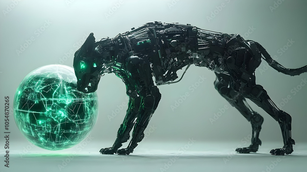 3D AI Robotic Dog Playing Holographic Ball Concept, Sleek Design, Neon Glow, Robot Interaction, Copy Space, Medium Shot, Innovative Robotics, Futuristic Technology, Isolated Icon, White Background 3D AI Robotic Dog Playing Holographic Ball Concept, Sleek Design, Neon Glow, Robot Interaction, Copy Space, Medium Shot, Innovative Robotics, Futuristic Technology, Isolated Icon, White Background