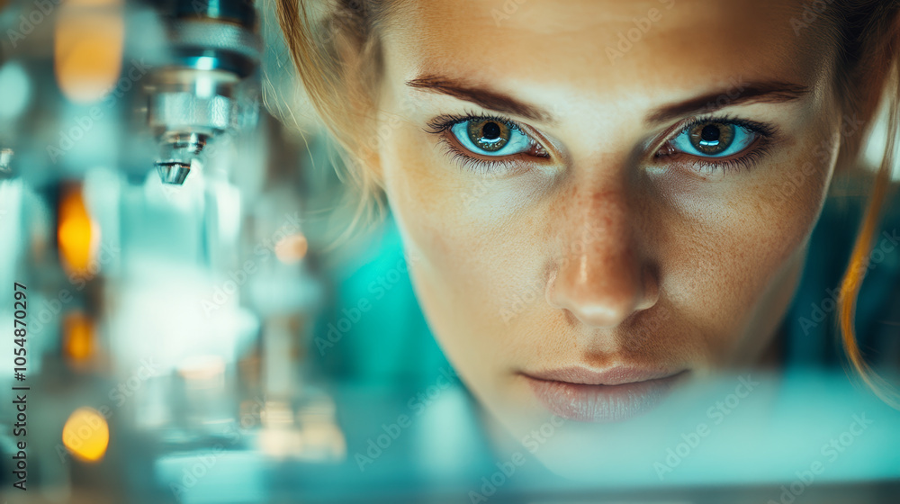 Focused on her work, woman examines intricate machinery with intense concentration, showcasing her dedication to precision and detail in scientific environment Focused on her work, woman examines intricate machinery with intense concentration, showcasing her dedication to precision and detail in scientific environment