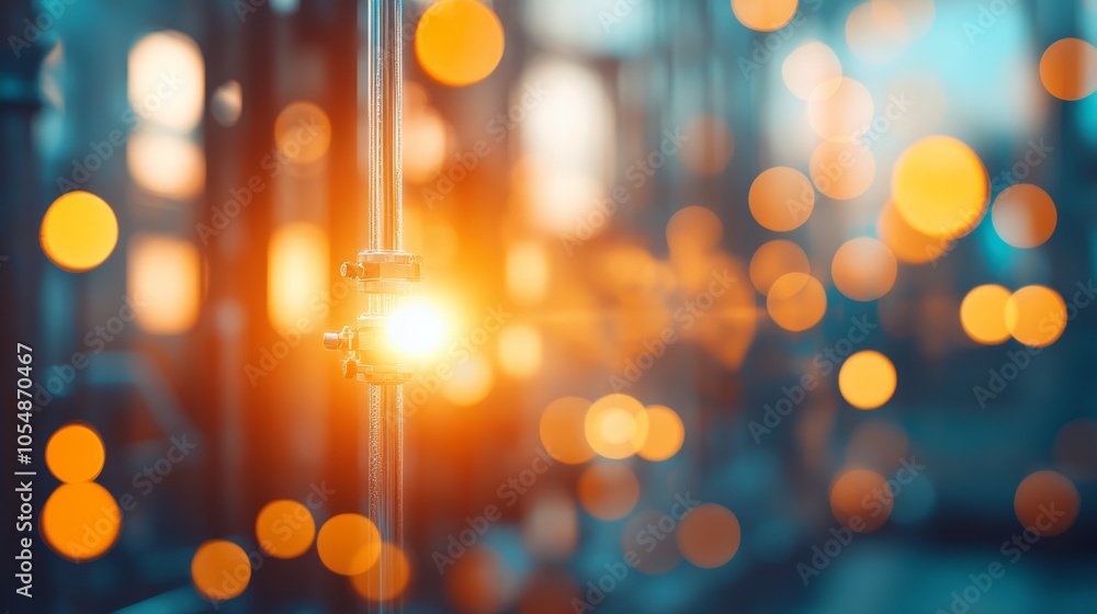 A vibrant and artistic close up of metallic pipe with glowing bokeh lights in background, creating warm and inviting atmosphere. interplay of light and focus adds depth and intrigue to industrial sett A vibrant and artistic close up of metallic pipe with glowing bokeh lights in background, creating warm and inviting atmosphere. interplay of light and focus adds depth and intrigue to industrial sett