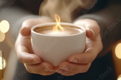 A warm cup of coffee held in hands, emitting steam, ideal for cozy moments and relaxation vibes.