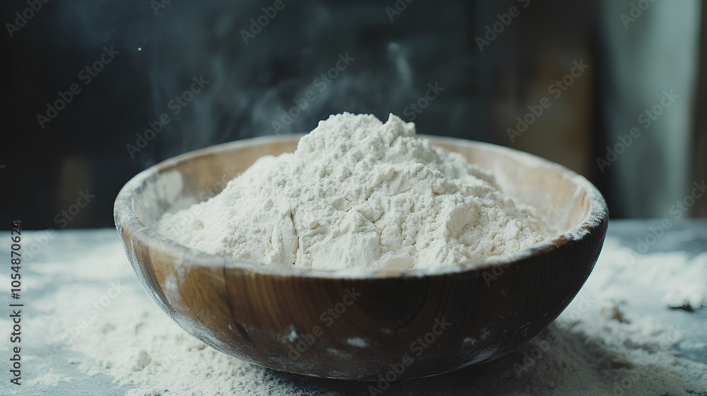 White flour in a wooden bowl. White flour in a wooden bowl.
