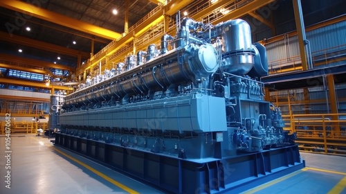 Industrial engine room interior. Industrial power plant main generator with enormous diesel engine. high voltage industrial diesel generator at a power generation plant