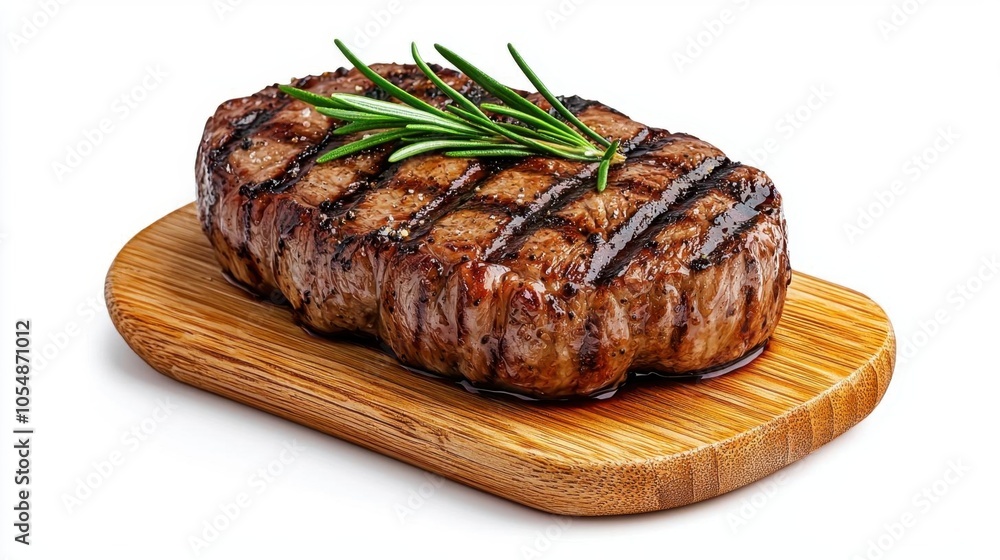 A photostock of a grilled steak on a wooden plate on a white background, juicy and savory. A photostock of a grilled steak on a wooden plate on a white background, juicy and savory.