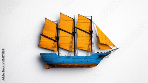 A photostock of a miniature sailing ship model on a white background, vintage and detailed. photo