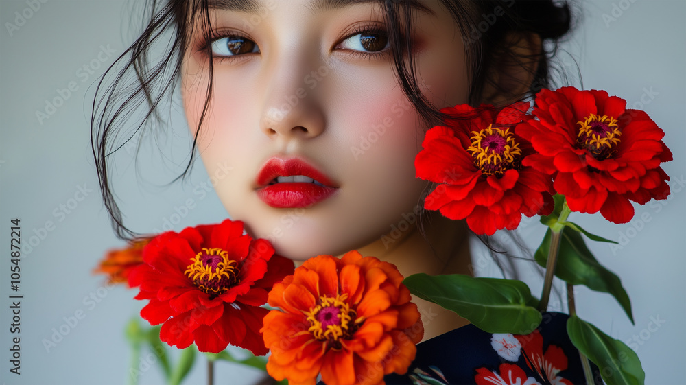 Naklejka premium ジニアと着物姿の女性