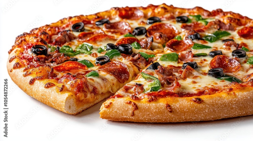 A photostock of a pizza slice with toppings on a white background, cheesy and delicious. A photostock of a pizza slice with toppings on a white background, cheesy and delicious.