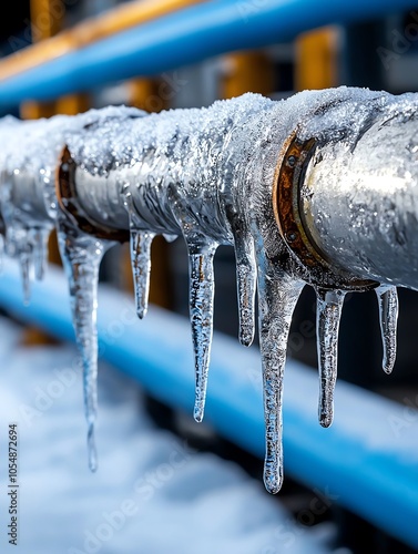 Frozen pipe with icicles, industrial setting, blue railing in background.