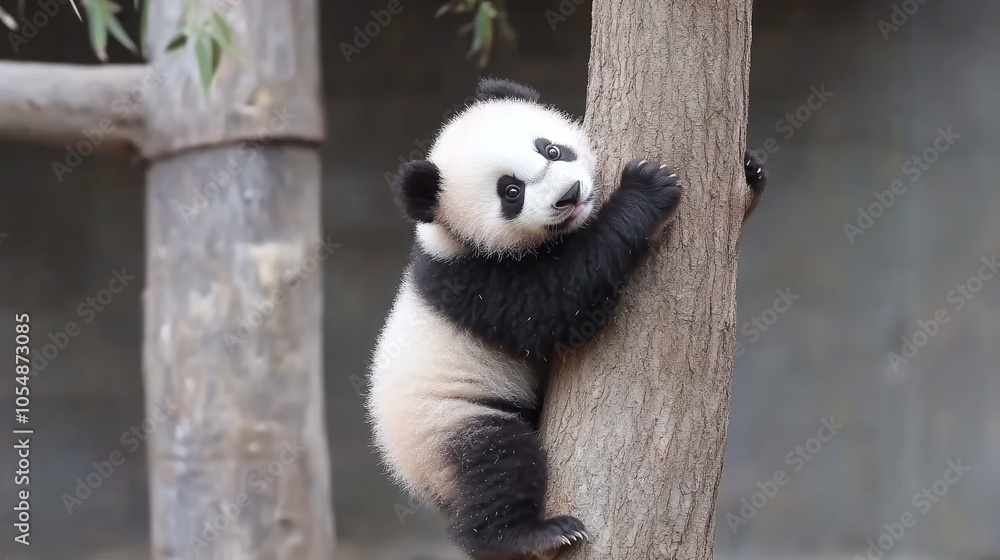 Obraz premium Playful panda cub climbing a tree, showing curiosity.