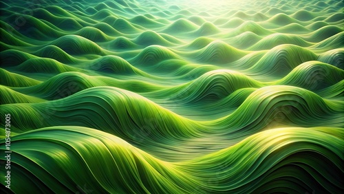 Fototapeta Naklejka Na Ścianę i Meble -  Wavy flowing green organic ethereal abstract nature serene mystical background wallpaper high angle