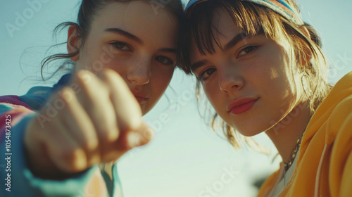 Two young caucasian teenagers showing their fist to the camera in a sign of youth rebellion