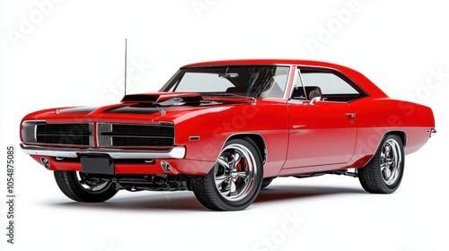 A photostock of a vintage muscle car on a white background, classic and powerful.