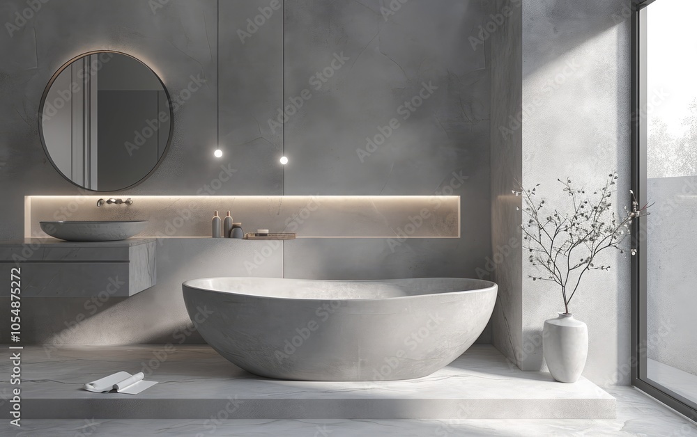 Luxury bathroom interior with grey bathtub near grey sink and round mirror on grey concrete wall