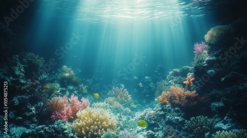 A beautiful coral reef illuminated by shafts of sunlight filtering through the ocean surface