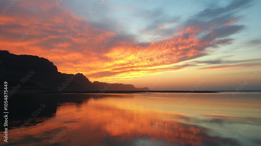 Naklejka premium A dramatic sunset over the coastline of Socotra Island, casting warm colors across the sky and reflecting on the tranquil waters below. No people included.