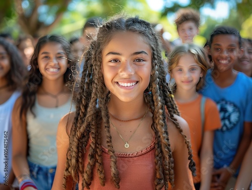 A group of smiling young people outdoors, showcasing friendship and joy.