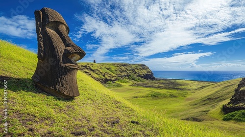 A dramatic view of the Moai on Rano Kau, overlooking the volcanic crater and offering a glimpse of the island's stunning geography. No people included. photo