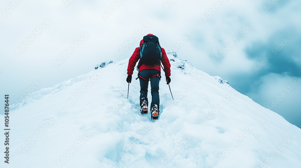 A determined individual trekking up a snowy mountain peak, showcasing the beauty and challenge of winter climbing. A determined individual trekking up a snowy mountain peak, showcasing the beauty and challenge of winter climbing.