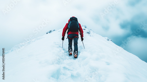 A determined individual trekking up a snowy mountain peak, showcasing the beauty and challenge of winter climbing.