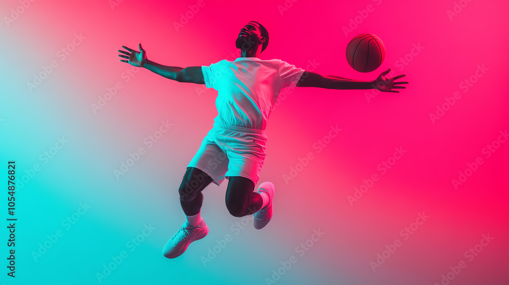 A dynamic shot of a basketball player jumping in mid-air, showcasing athleticism and energy against a vibrant pink and blue background. A dynamic shot of a basketball player jumping in mid-air, showcasing athleticism and energy against a vibrant pink and blue background.
