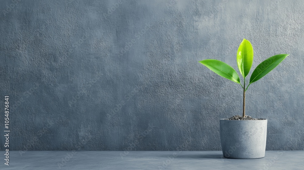 Small green plant in a minimalist concrete pot, touch of nature for modern decor Small green plant in a minimalist concrete pot, touch of nature for modern decor