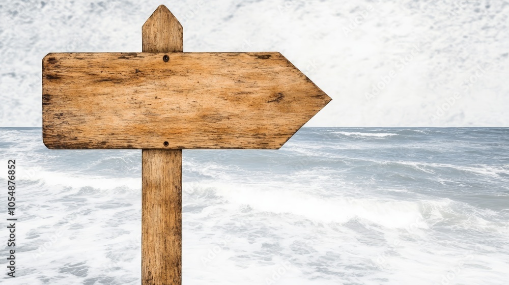 Fototapeta premium Solitary wooden sign amidst serene waters, a picture of tranquility and natural beauty