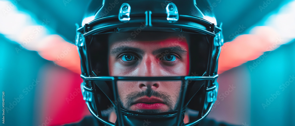 A focused athlete wearing a football helmet, captured in dramatic lighting, showcasing determination and intensity in a sports environment. A focused athlete wearing a football helmet, captured in dramatic lighting, showcasing determination and intensity in a sports environment.