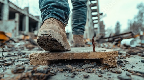 Worker stepping near exposed nail on construction site posing injury risk without proper awareness