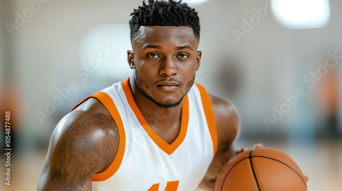 A focused basketball player holding a ball, ready to make a move on the court. Bright background emphasizes his determination and athleticism.