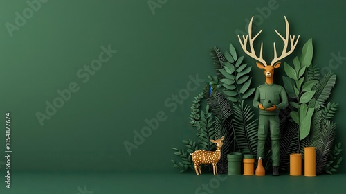 Man with antlers stands among green plants and a playful deer.